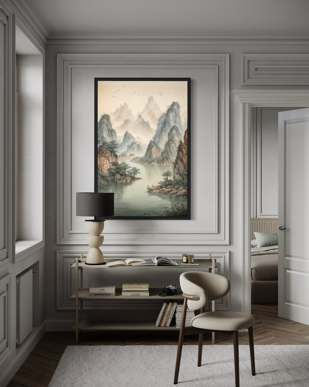 Shan Shui Hua canvas wall art featuring traditional Chinese mountains and river in a black frame.