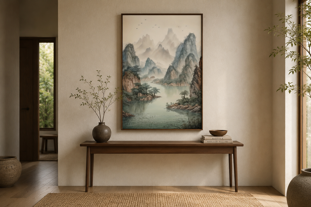 Shan Shui Hua canvas wall art featuring traditional Chinese mountains and river landscape.