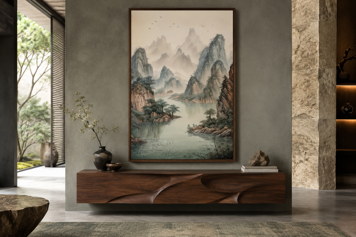 Shan Shui Hua canvas wall art featuring traditional Chinese mountains and river landscape.