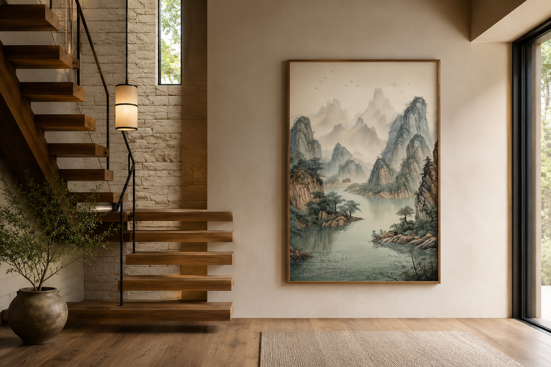 Shan Shui Hua canvas wall art featuring traditional Chinese mountains and river in a wooden frame.