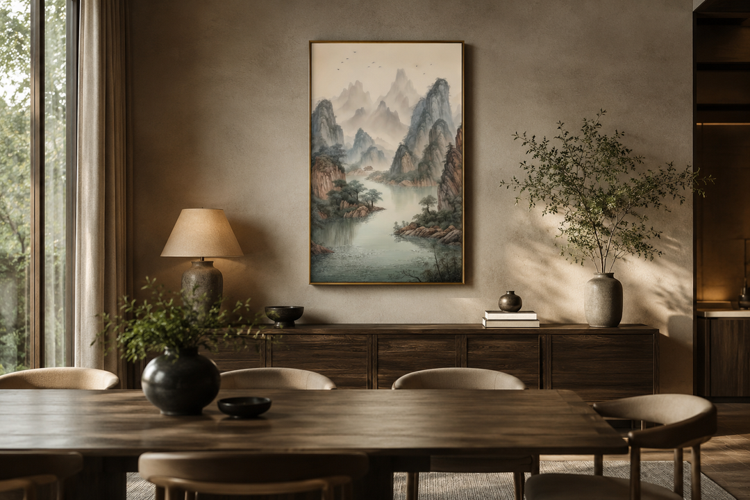 Shan Shui Hua traditional Chinese landscape canvas wall art featuring misty mountains and a river.