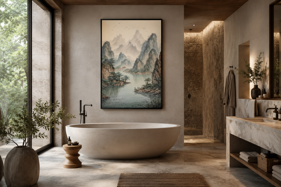 Shan Shui Hua canvas wall art featuring traditional Chinese mountains and river in a zen bathroom.