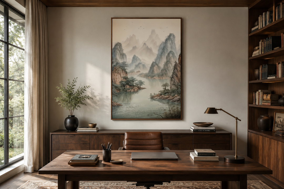 Shan Shui Hua canvas wall art featuring traditional Chinese mountains and river in a home office.