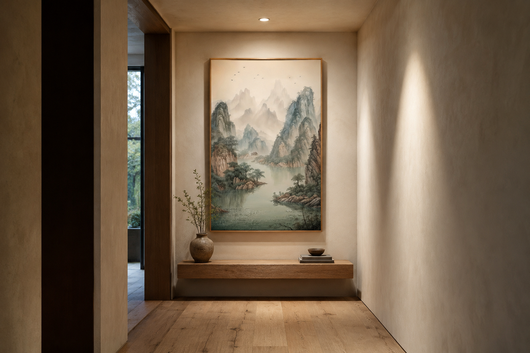 Shan Shui Hua canvas wall art featuring traditional Chinese mountains and river in a hallway.