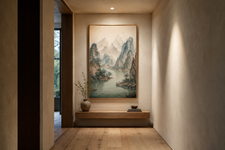 Shan Shui Hua canvas wall art featuring traditional Chinese mountains and river in a hallway.