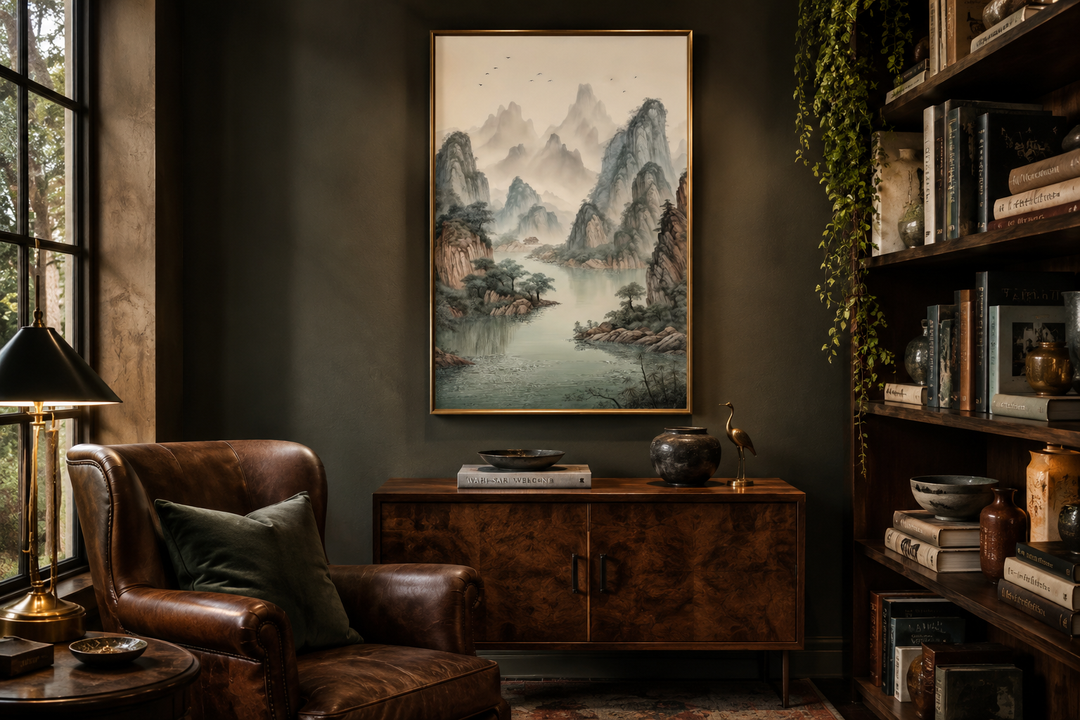 Shan Shui Hua canvas wall art featuring a traditional Chinese mountain and river landscape.