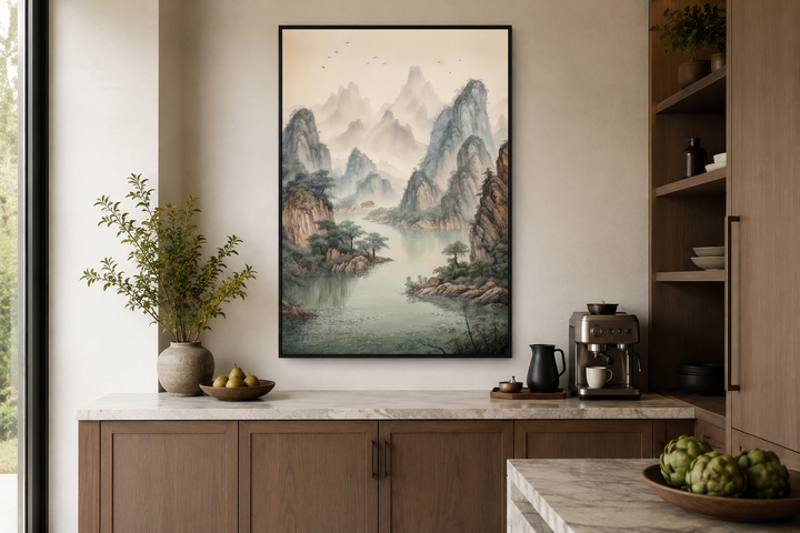 Shan Shui Hua canvas wall art featuring traditional Chinese mountains and river in a black frame.