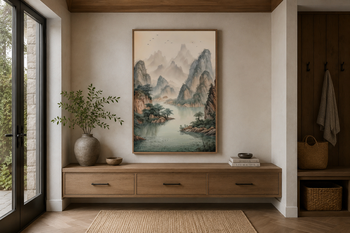 Shan Shui Hua canvas wall art featuring traditional Chinese mountains and river landscape.
