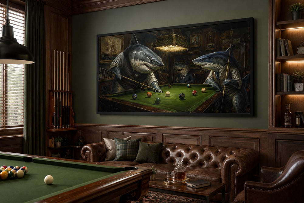 Victorian shark billiards canvas art hanging in a dark wood-paneled man cave above a leather sofa.