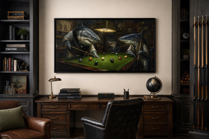 Shark playing pool billiards wall art in a Victorian gentlemen's club setting above a desk.