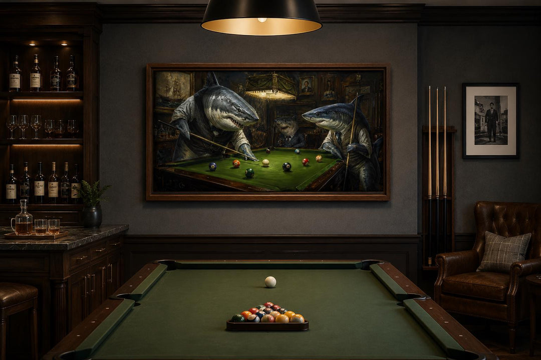 Canvas art of sharks in Victorian suits playing pool, hung in a classic man cave with a pool table.