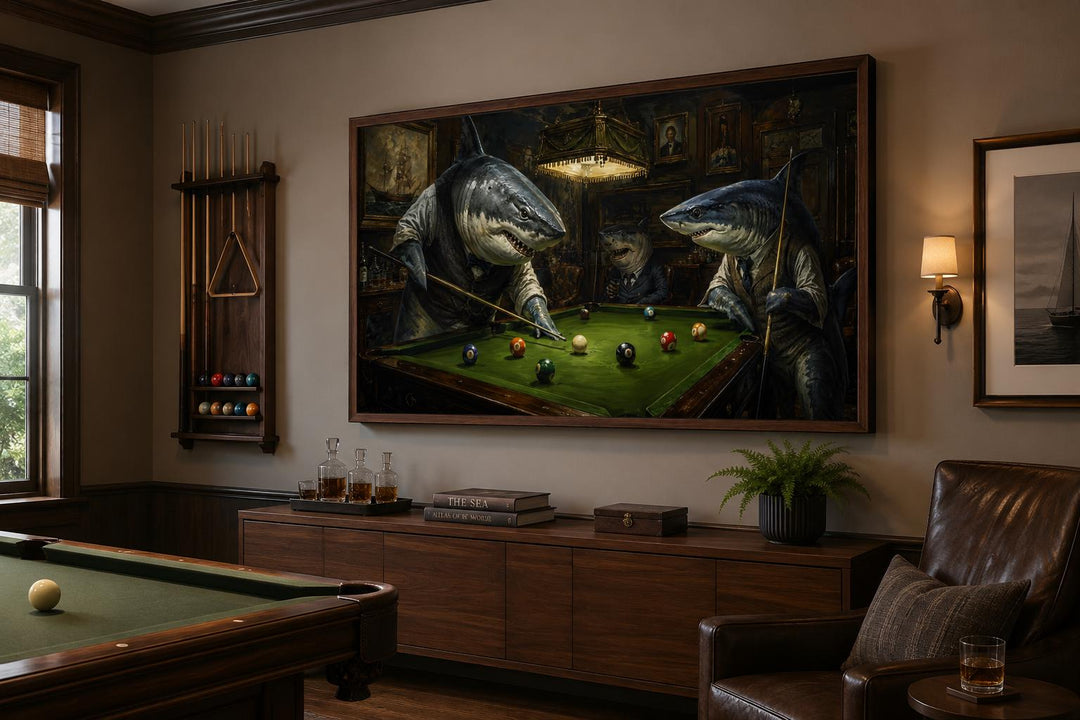 Victorian shark billiards canvas art hanging in a classic man cave above a wooden sideboard.