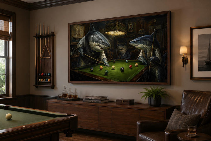 Victorian shark billiards canvas art hanging in a classic man cave above a wooden sideboard.
