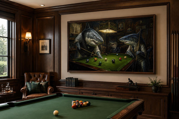 Shark Playing Pool Billiards Wall Art in a wood-paneled room above a pool table.