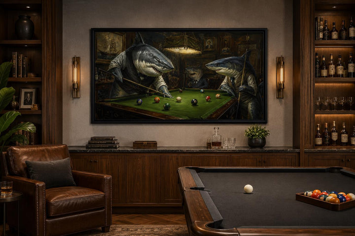 Shark playing pool billiards wall art in a Victorian gentlemen's club setting above a pool table.