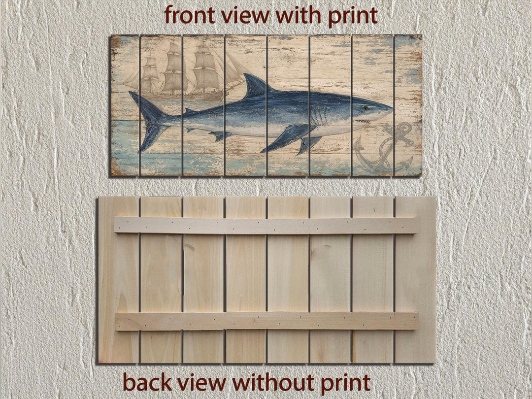 Front and back views of a blue shark and nautical scene printed on distressed wood planks.