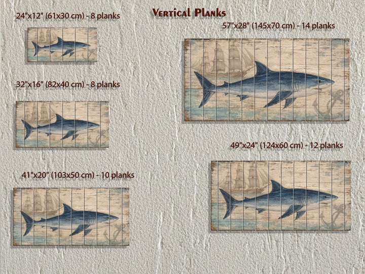 Distressed wood panel wall art featuring a blue shark and nautical motifs in five available sizes.