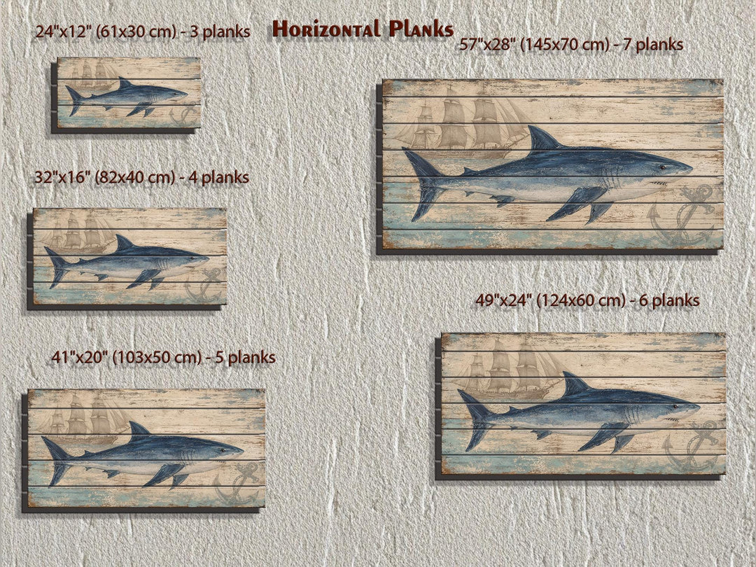 Distressed wood panel prints featuring a blue shark and nautical motifs in five horizontal sizes.