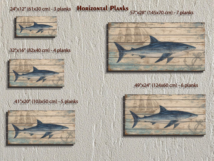 Distressed wood panel prints featuring a blue shark and nautical motifs in five horizontal sizes.