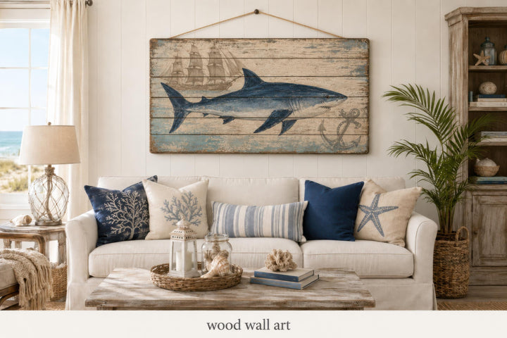 Distressed wood panel wall art featuring a blue shark and vintage nautical ship illustration.