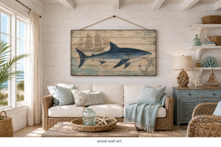 A large distressed wood panel print featuring a blue shark and nautical motifs in a coastal room.