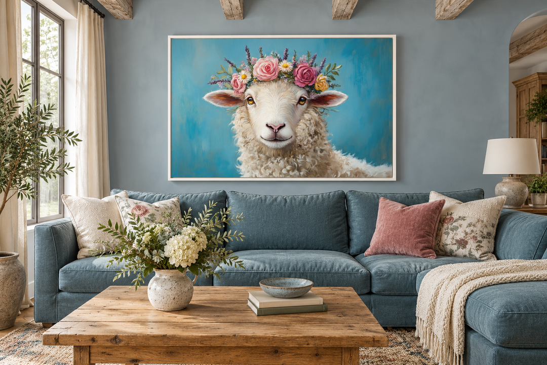 Sheep With Floral Wreath Farmhouse Canvas Wall Art in a white frame above a blue sofa.