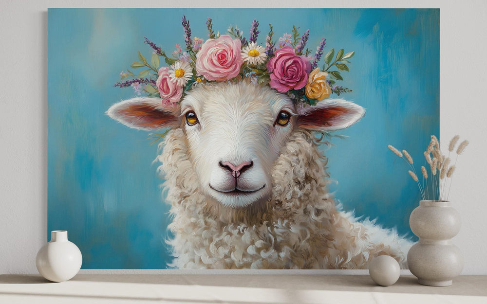 Sheep With Floral Wreath Farmhouse Canvas Wall Art