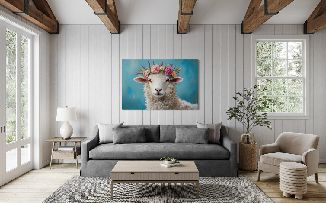Sheep With Floral Wreath Farmhouse Canvas Wall Art