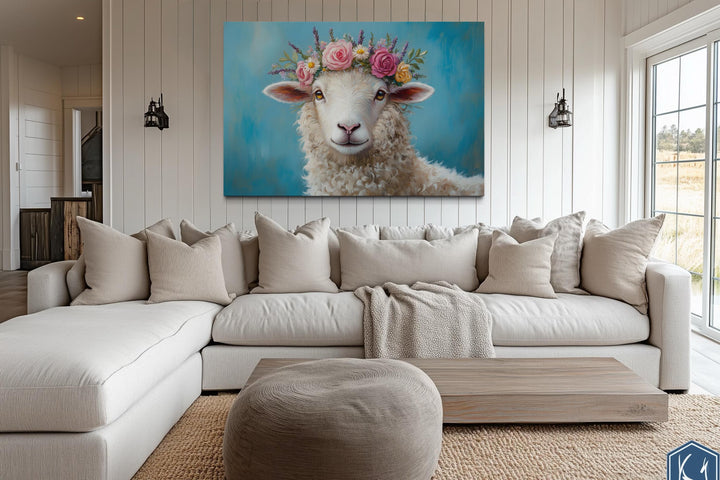 Sheep With Floral Wreath Farmhouse Canvas Wall Art
