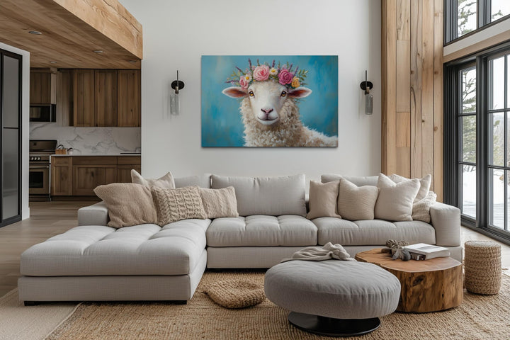Sheep With Floral Wreath Farmhouse Canvas Wall Art