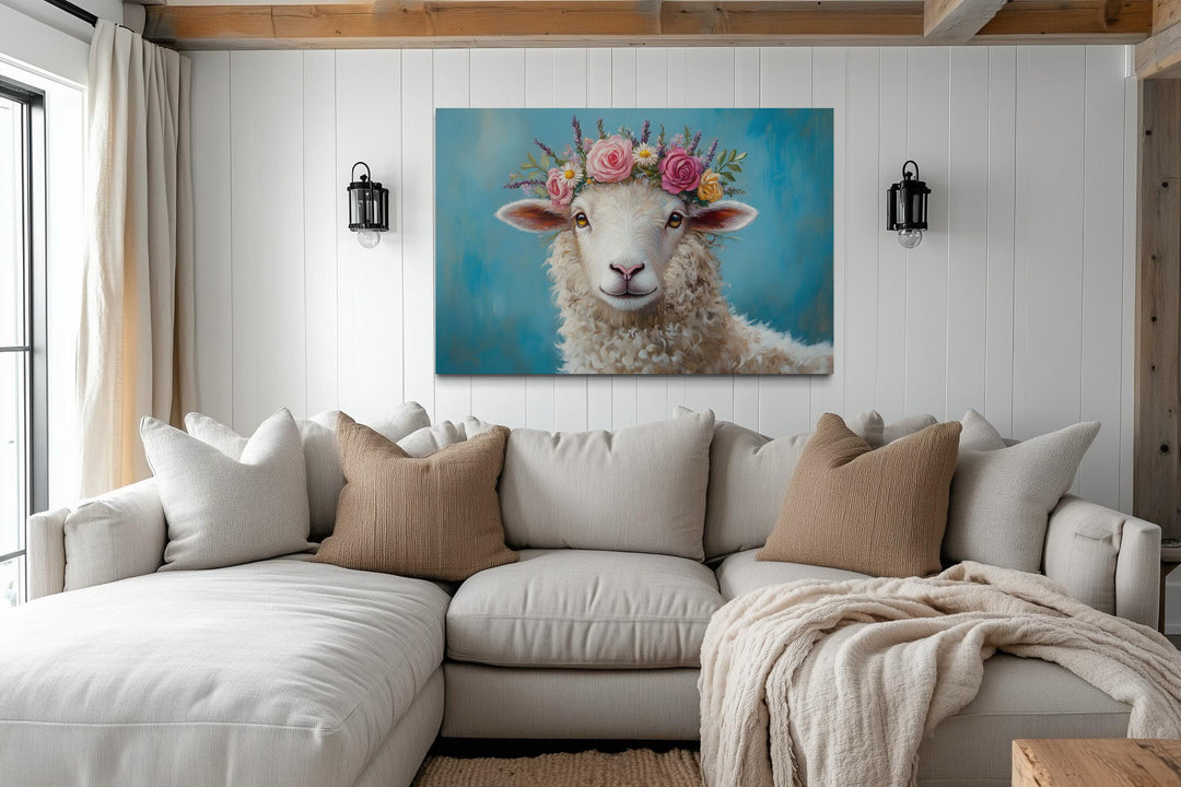 Sheep With Floral Wreath Farmhouse Canvas Wall Art