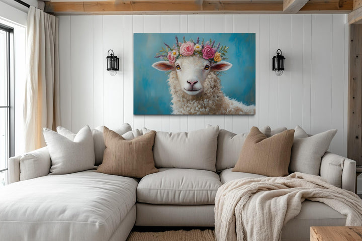 Sheep With Floral Wreath Farmhouse Canvas Wall Art
