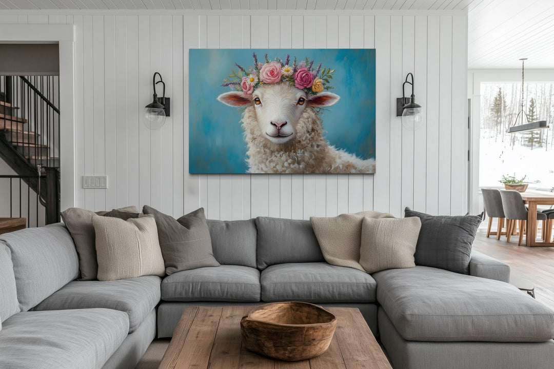 Sheep With Floral Wreath Farmhouse Canvas Wall Art