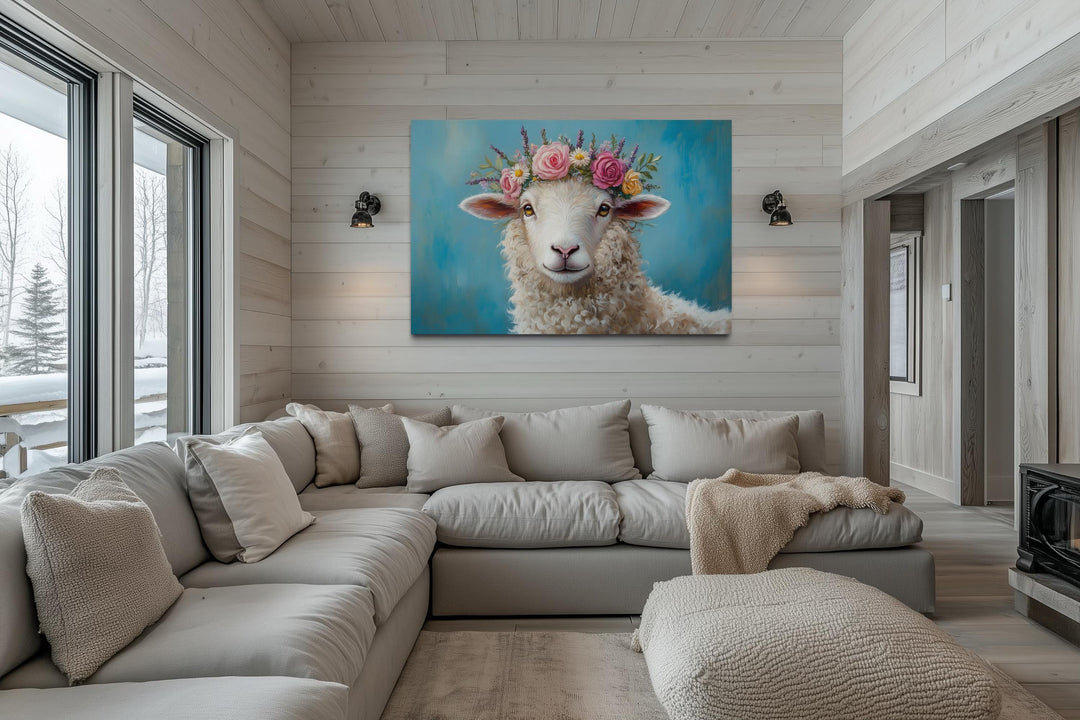 Sheep With Floral Wreath Farmhouse Canvas Wall Art