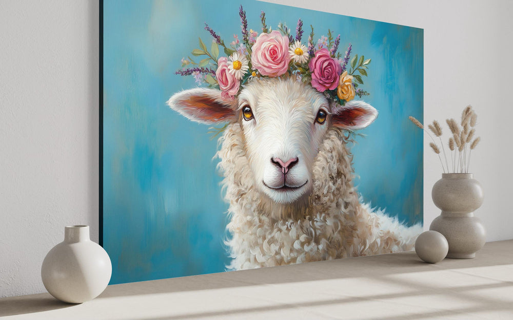 Sheep with floral wreath farmhouse canvas wall art featuring a woolly sheep and pink roses.