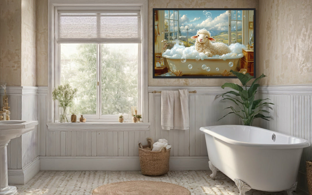 Sheep in a Bathtub Framed Canvas Wall Art