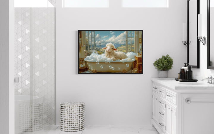 Sheep in a Bathtub Framed Canvas Wall Art