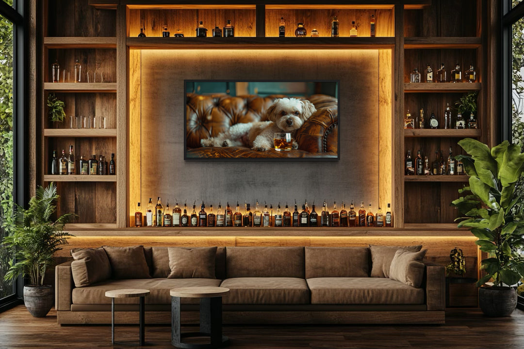 Shih Tzu On Couch Drinking Whiskey Framed Canvas Wall Art