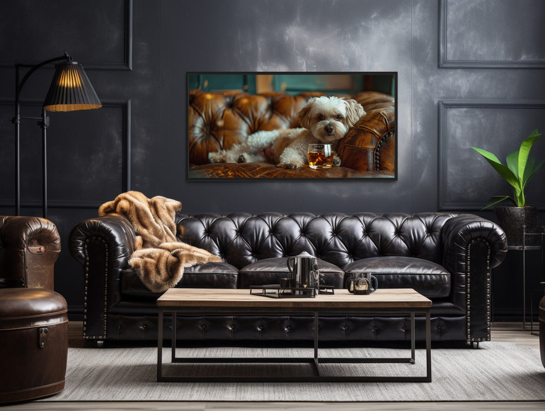 Shih Tzu On Couch Drinking Whiskey Framed Canvas Wall Art