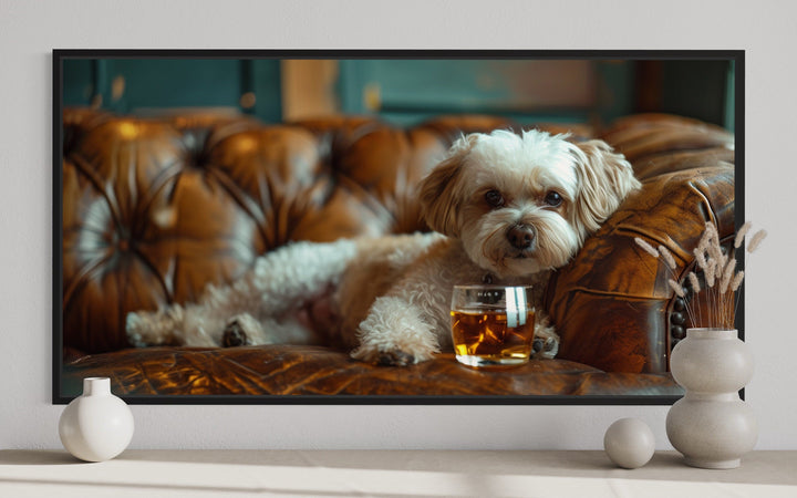 Shih Tzu On Couch Drinking Whiskey Framed Canvas Wall Art