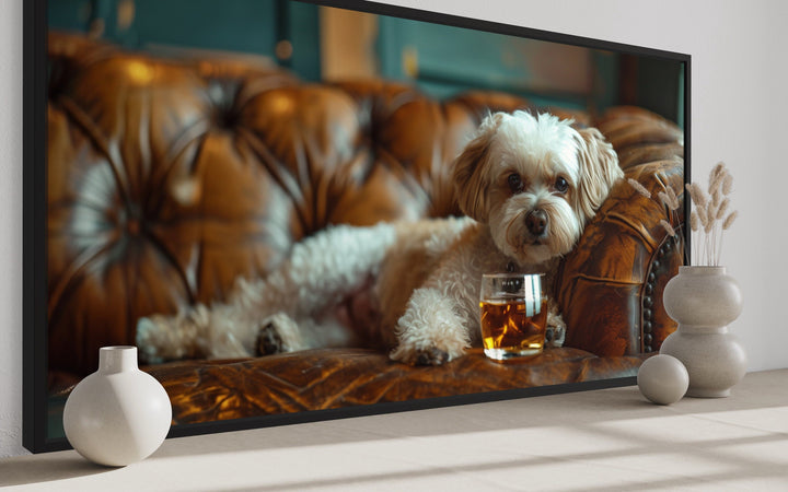 Shih Tzu On Couch Drinking Whiskey Framed Canvas Wall Art