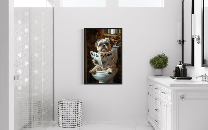 Shih Tzu On The Toilet Reading Newspaper Picture in the bathroom