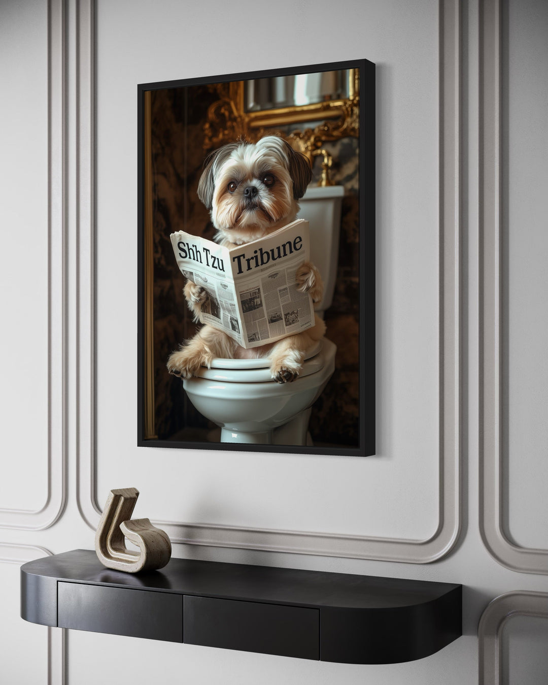 Shih Tzu On The Toilet Reading Newspaper Picture side view