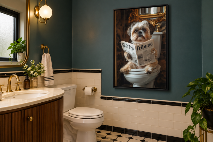 Shih Tzu on the toilet reading a newspaper canvas wall art in a black frame on a dark green wall.
