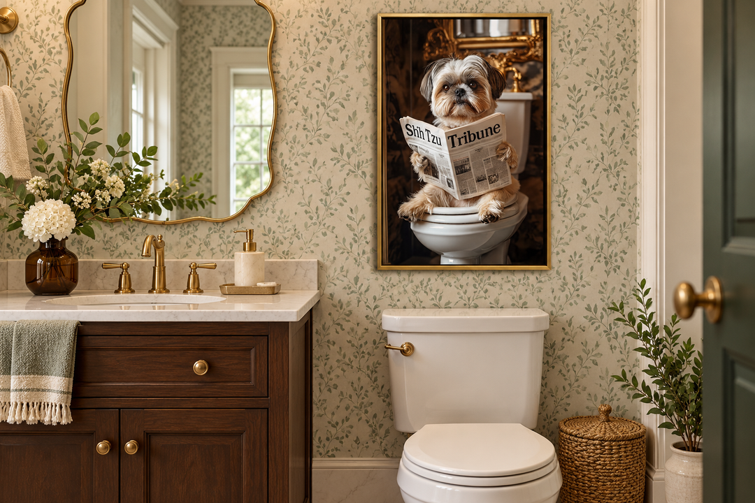 Shih Tzu on the toilet reading a newspaper canvas wall art in a gold frame in a bathroom.