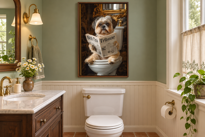 Framed canvas art of a Shih Tzu dog sitting on a toilet reading a newspaper in a green bathroom.