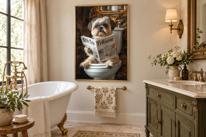 Shih Tzu on the toilet reading a newspaper in a gold-framed canvas wall art in a bathroom.