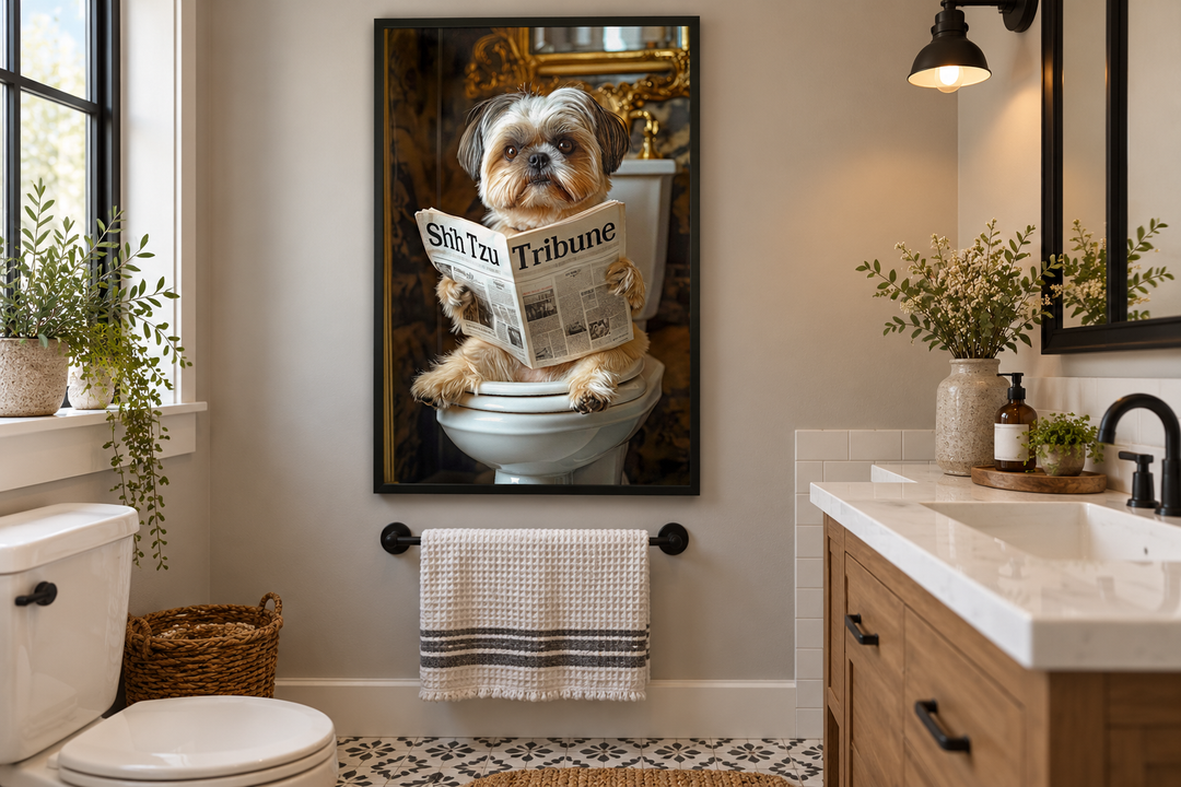 Framed canvas wall art of a Shih Tzu dog sitting on a toilet reading the Shih Tzu Tribune newspaper.