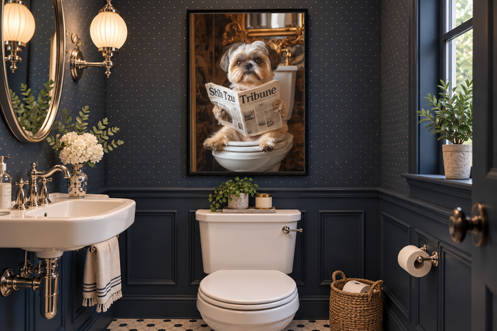 Framed canvas wall art of a Shih Tzu dog sitting on a toilet reading a newspaper in a bathroom.