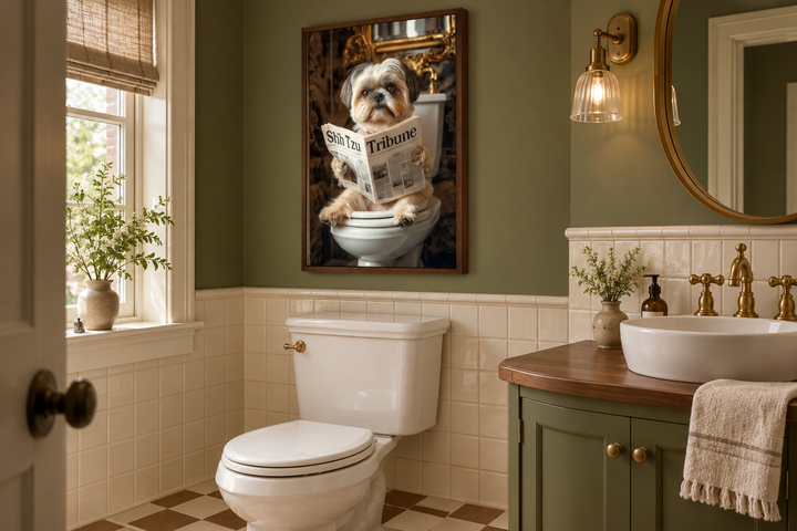 Framed canvas wall art of a Shih Tzu sitting on a toilet reading a newspaper in a green bathroom.